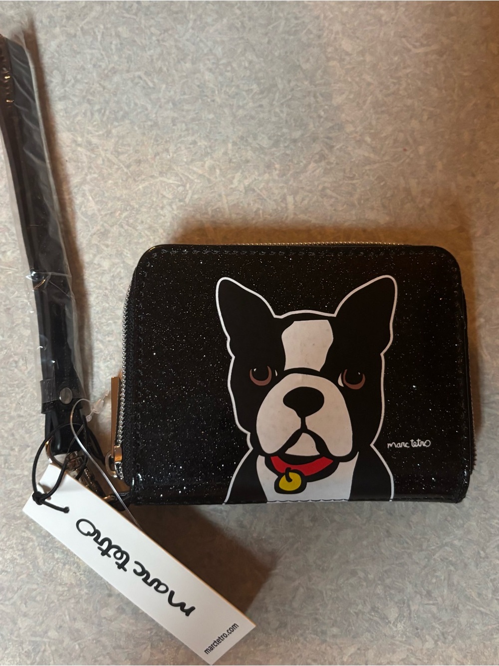 NEW Marc Tetro Black Sparkle Boston Terrier Dog Zip Around Preppy Wristlet Small